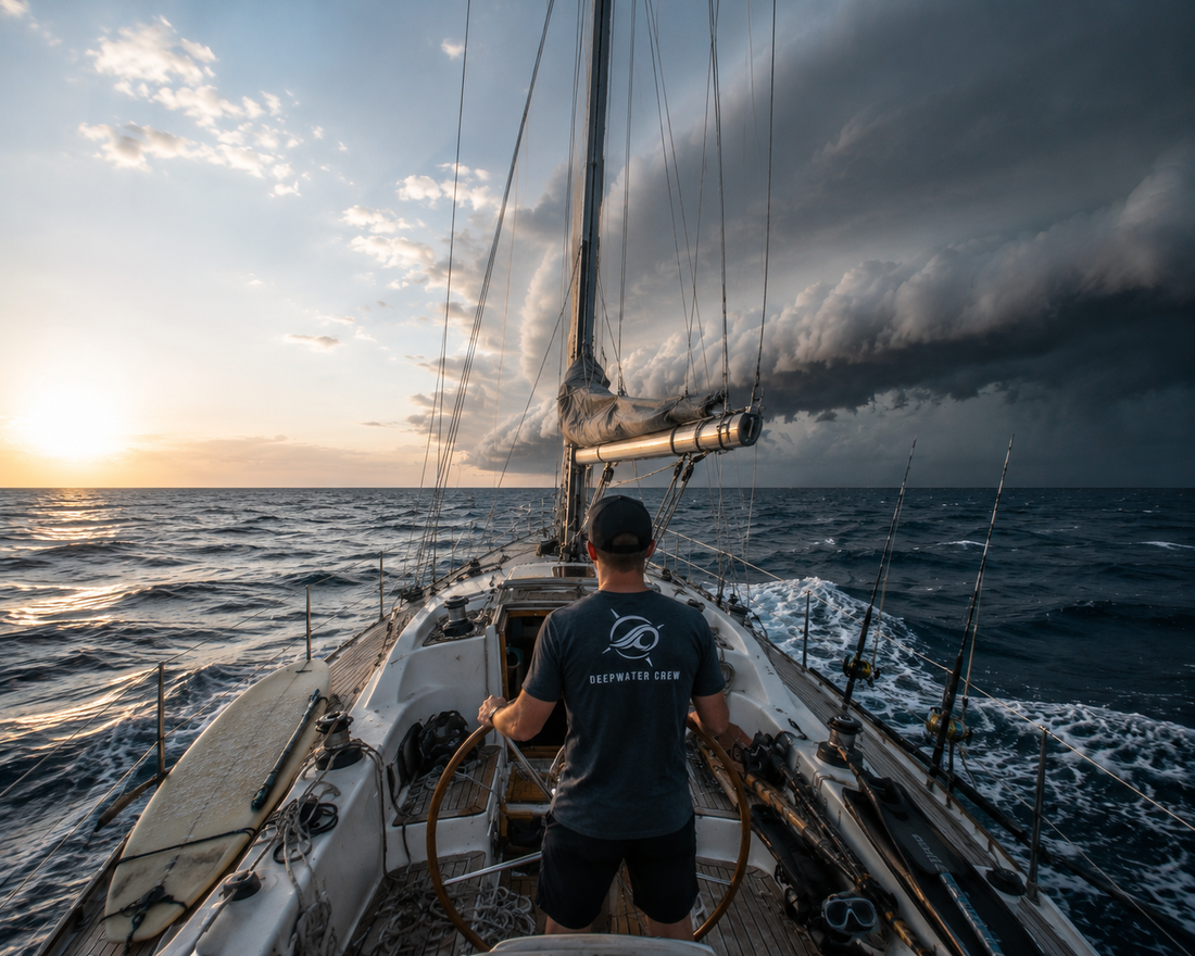 Sailor at the helm of a cruising sailboat as clear skies and sunlight give way to a dark shelf cloud, with surf, fishing and freediving gear secured on deck.