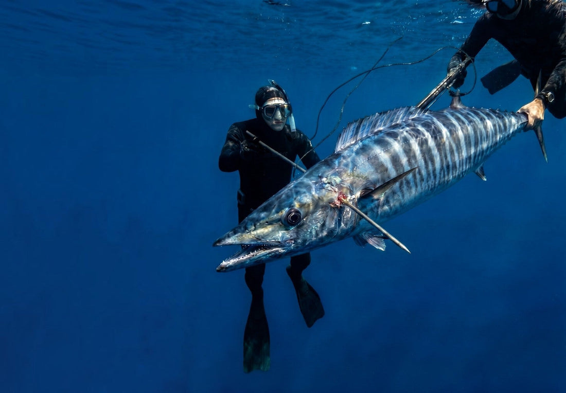 Spearfisher freediving with a speargun while managing fish, line, and safety underwater