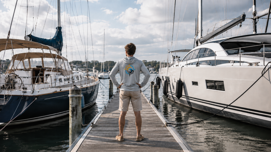 Man wearing a light gray Deepwater Crew hooded performance shirt while comparing an older cruising sailboat and a luxury sailing yacht at a marina.