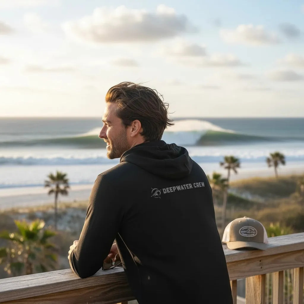 A man standing near the water at the beach studying the swell, wind, sets and wave conditions before paddling out for a surf.