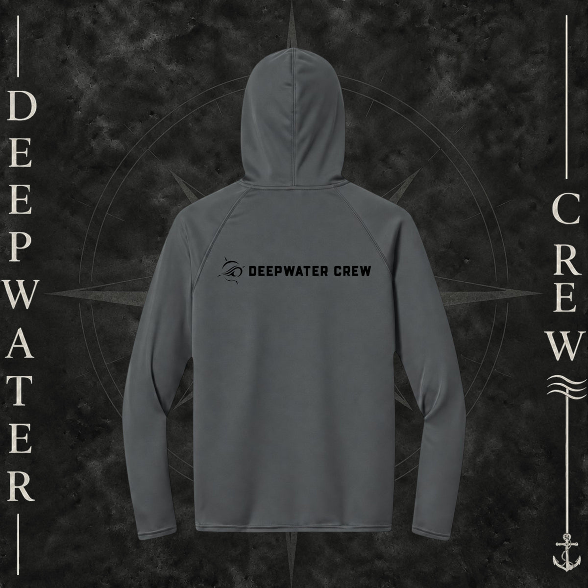Deepwater Crew Co. Graphite - DC - UPF 44+ light-weigh, moisture-wicking  performance hoodie. Back view of hoodie with a nautical compass logo graphic with Deepwater Crew lettering beside it.