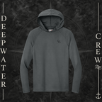Deepwater Crew Co. Graphite - DC - UPF 44+ lightweight performance hoodie. Front view of hoodie with a  deepwater crew DC logo graphic on the left chest.