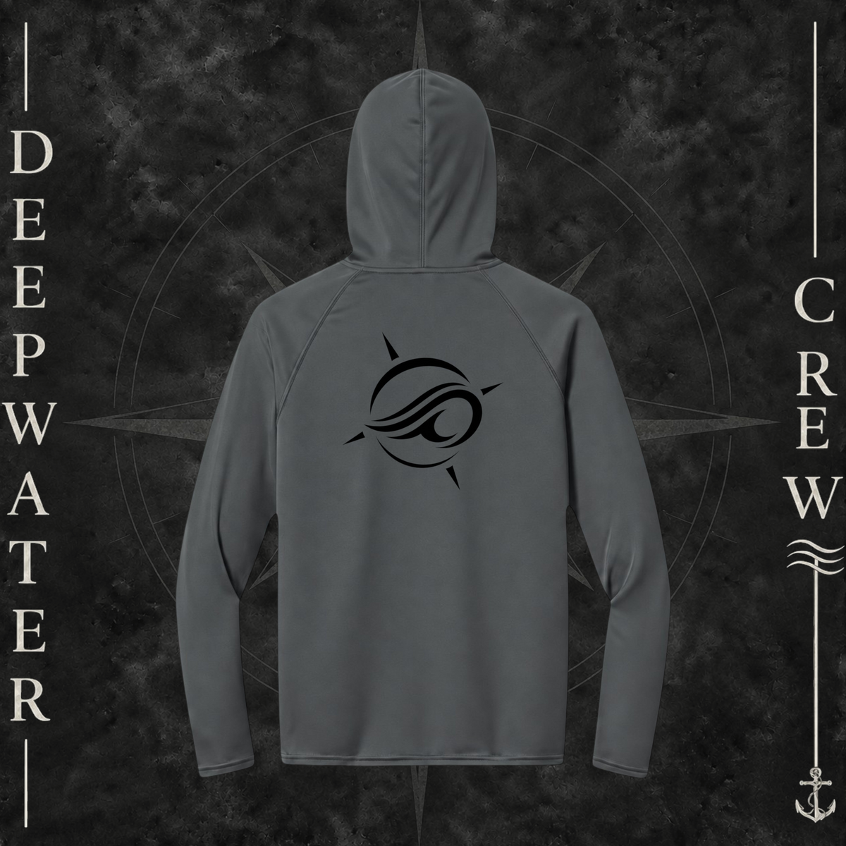 Deepwater Crew Co. Graphite Horizon UPF 44+ light-weigh, moisture-wicking  performance hoodie. Back view of hoodie with a  nautical compass graphic around the Deepwater Crew core logo.