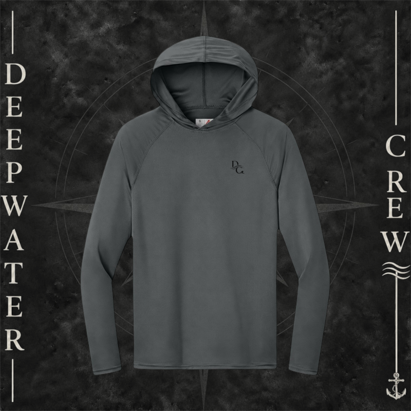Deepwater Crew Co. Graphite Core Logo UPF 44+ lightweight performance hoodie. Front view of hoodie with a  deepwater crew DC logo graphic on the left chest.