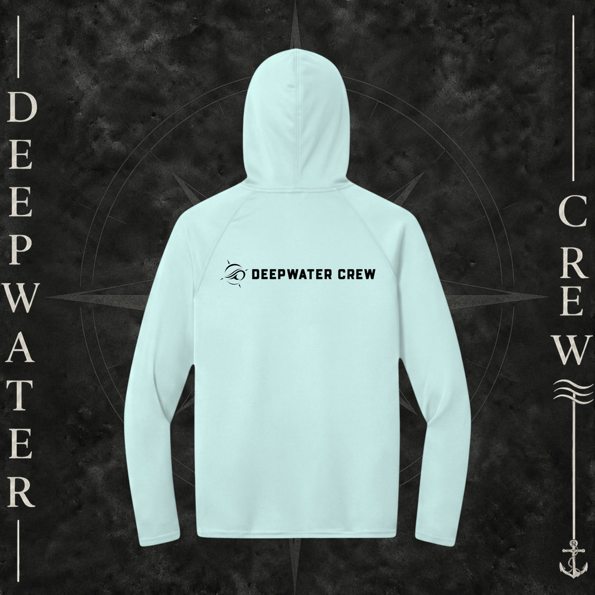 Deepwater Crew Co. Pastel Blue - DC - UPF 44+ light-weigh, moisture-wicking  performance hoodie. Back view of hoodie with a nautical compass logo graphic with Deepwater Crew lettering beside it.