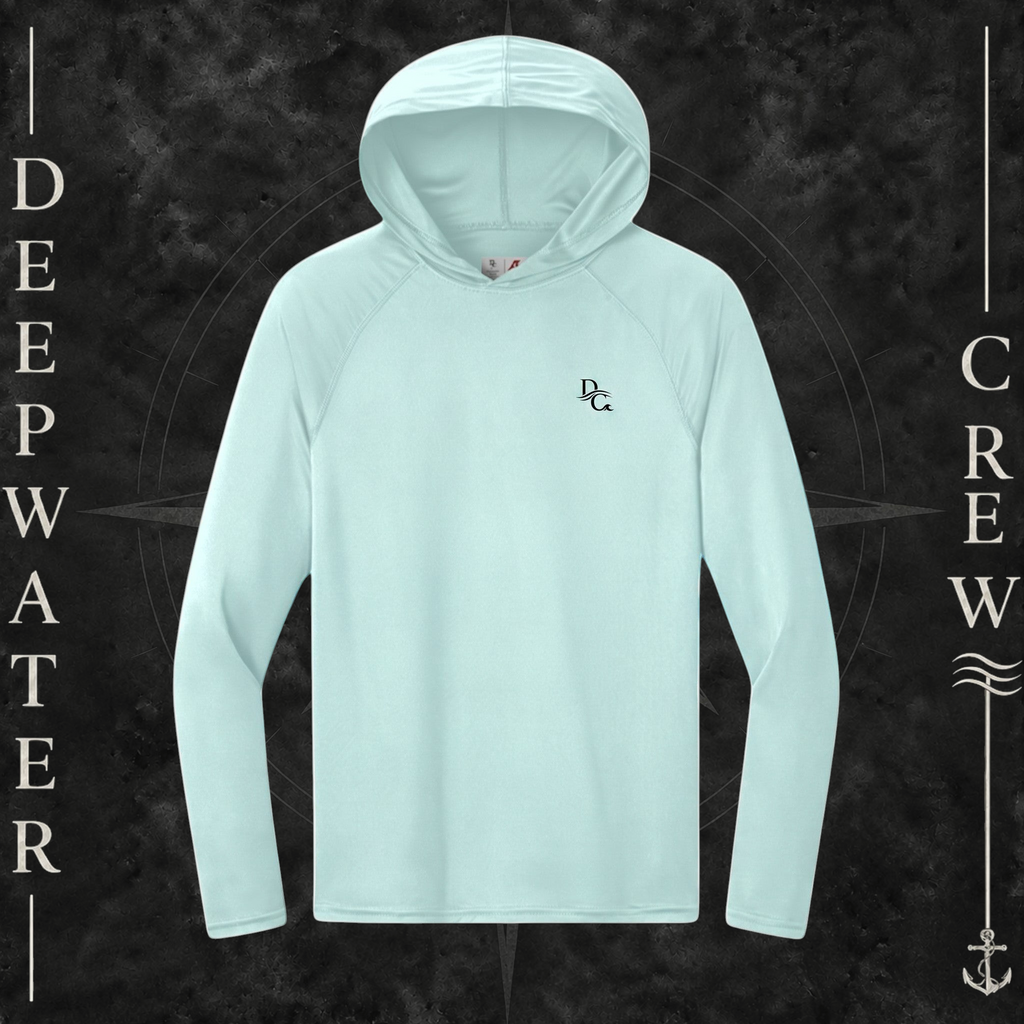Deepwater Crew Co. Pastel Blue - DC - UPF 44+ lightweight performance hoodie. Front view of hoodie with a  deepwater crew DC logo graphic on the left chest.