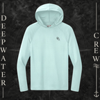 Deepwater Crew Co. Pastel Blue - DC - UPF 44+ lightweight performance hoodie. Front view of hoodie with a  deepwater crew DC logo graphic on the left chest.