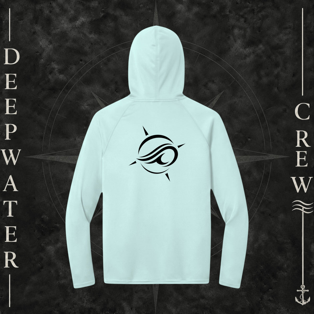 Deepwater Crew Co. Pastel Blue Horizon UPF 44+ light-weigh, moisture-wicking  performance hoodie. Back view of hoodie with a  nautical compass graphic around the Deepwater Crew core logo.