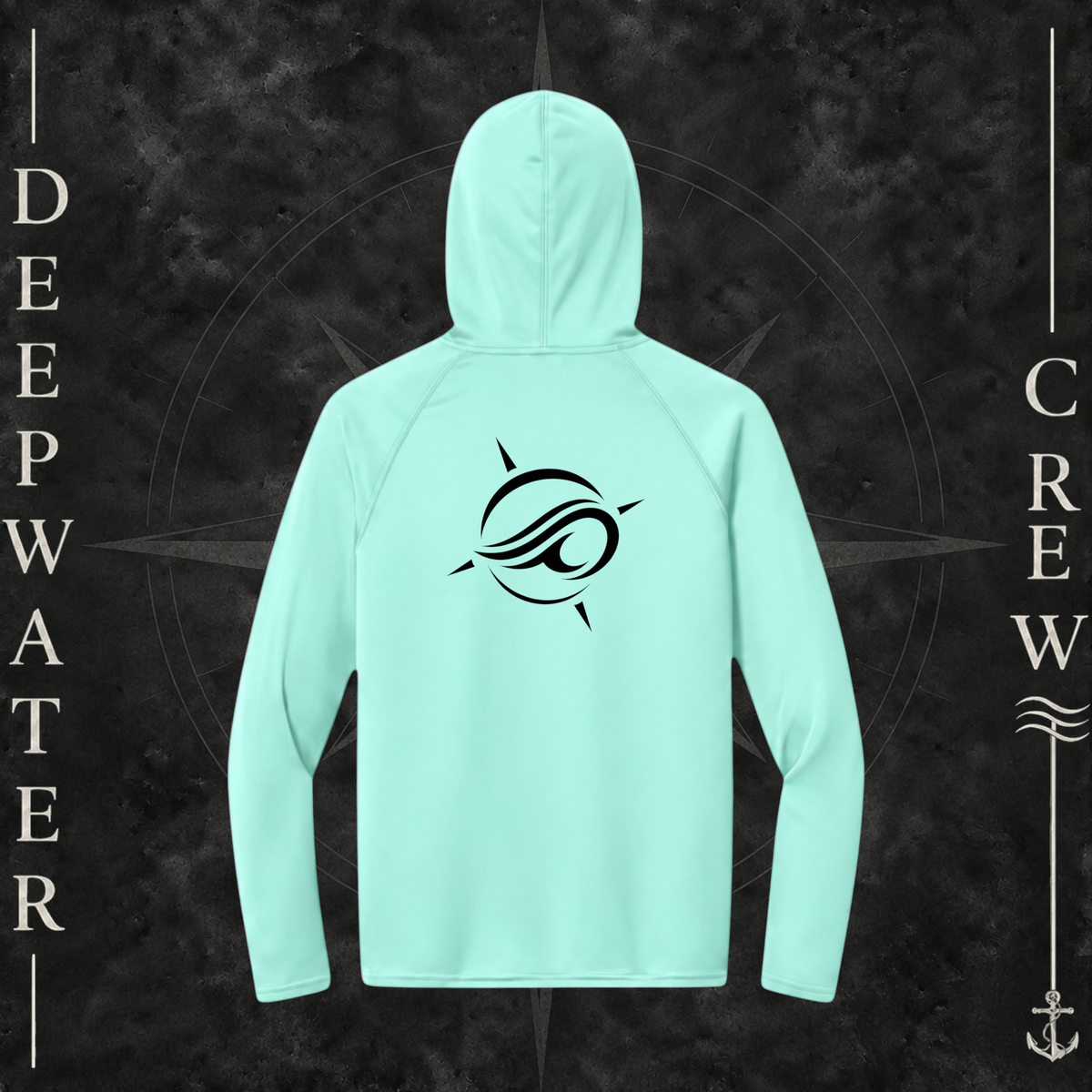 Deepwater Crew Co. Pastel Mint Horizon UPF 44+ light-weigh, moisture-wicking  performance hoodie. Back view of hoodie with a  nautical compass graphic around the Deepwater Crew core logo.