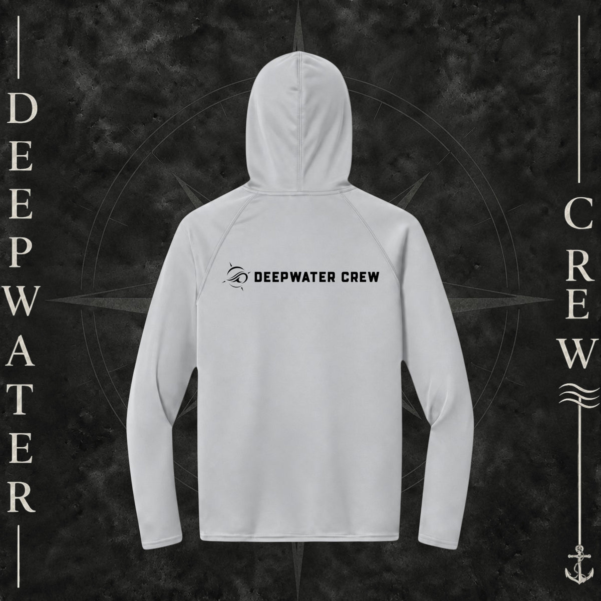 Deepwater Crew Co. Silver - DC - UPF 44+ light-weigh, moisture-wicking  performance hoodie. Back view of hoodie with a nautical compass logo graphic with Deepwater Crew lettering beside it.