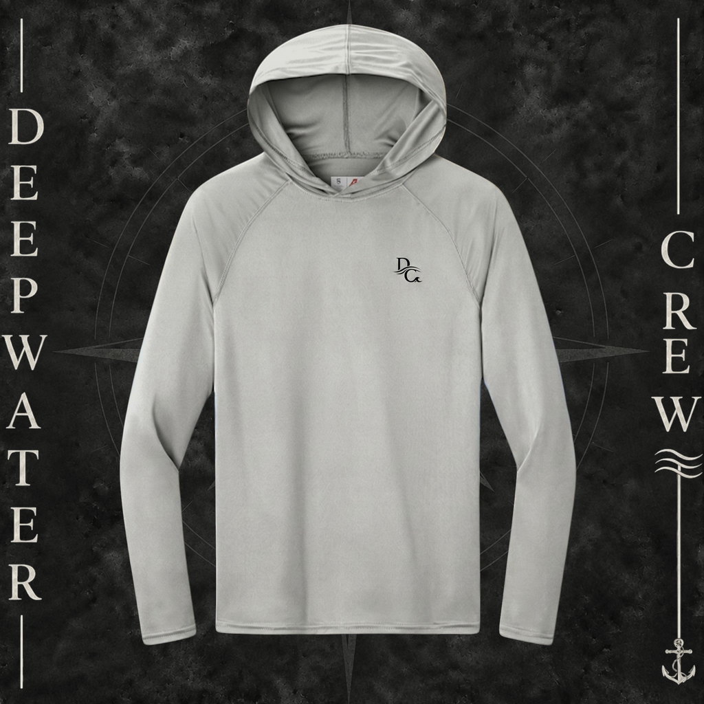 Deepwater Crew Co. Silver - DC - UPF 44+ lightweight performance hoodie. Front view of hoodie with a  deepwater crew DC logo graphic on the left chest.