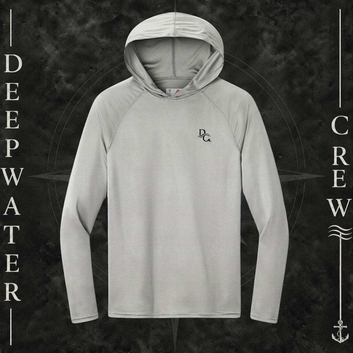 Deepwater Crew Co. Silver - DC - UPF 44+ lightweight performance hoodie. Front view of hoodie with a  deepwater crew DC logo graphic on the left chest.