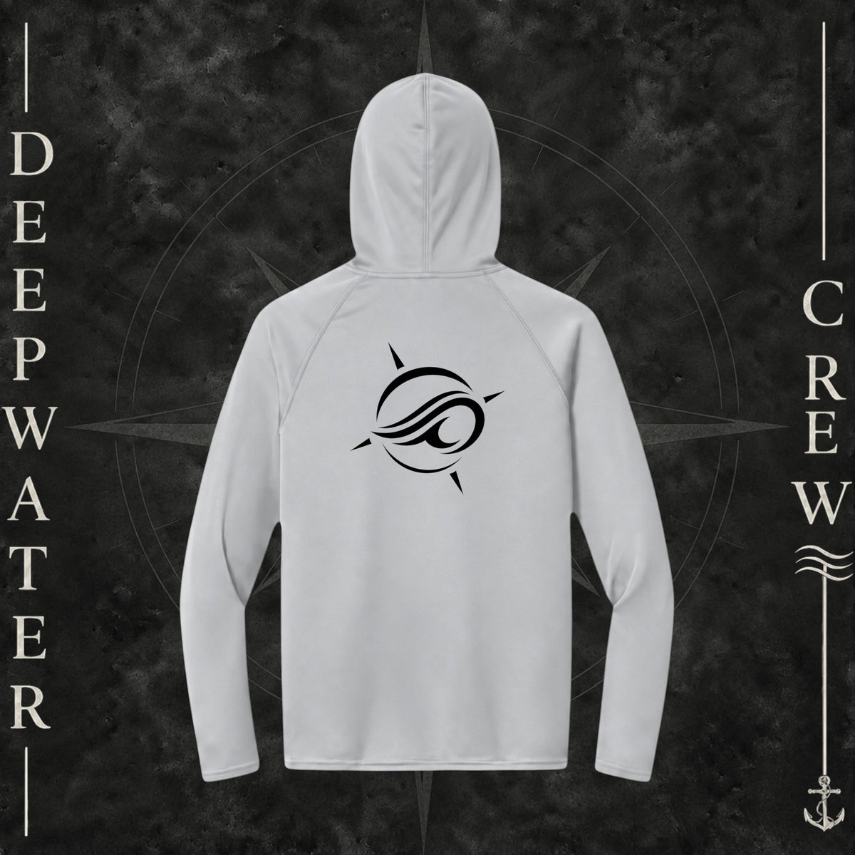 Deepwater Crew Co. Silver Horizon UPF 44+ light-weigh, moisture-wicking  performance hoodie. Back view of hoodie with a  nautical compass graphic around the Deepwater Crew core logo.