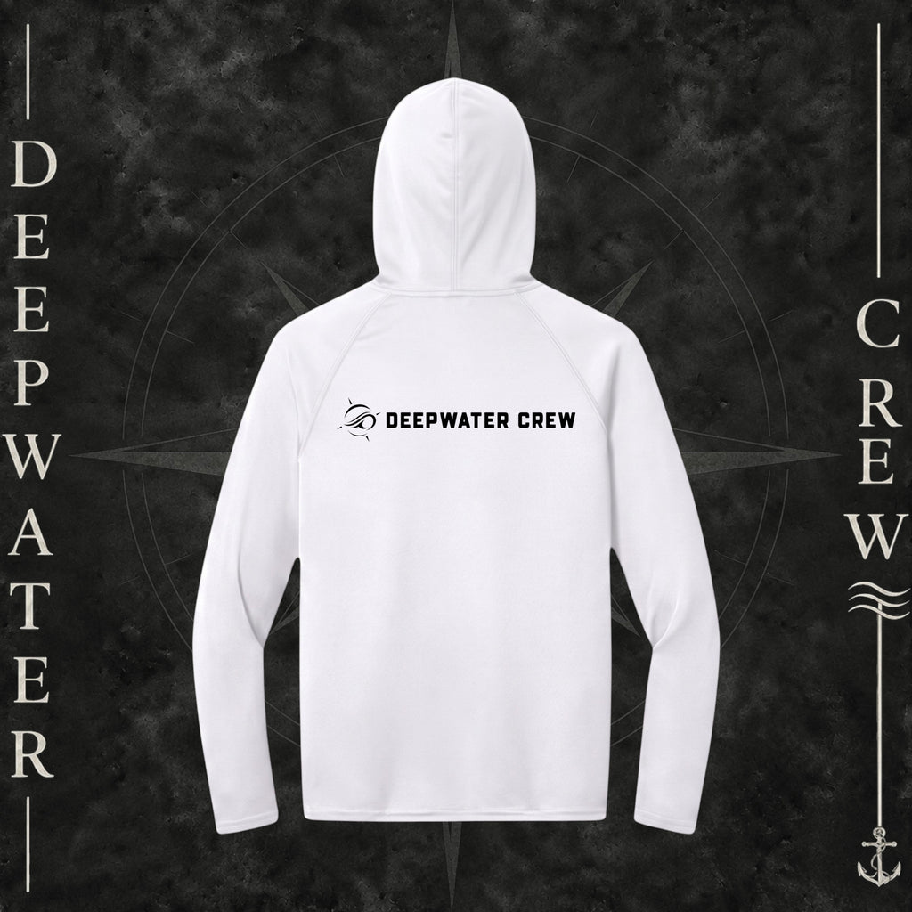 Deepwater Crew Co. White - DC - UPF 44+ light-weigh, moisture-wicking  performance hoodie. Back view of hoodie with a nautical compass logo graphic with Deepwater Crew lettering beside it.