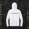 Deepwater Crew Co. White - DC - UPF 44+ light-weigh, moisture-wicking  performance hoodie. Back view of hoodie with a nautical compass logo graphic with Deepwater Crew lettering beside it.