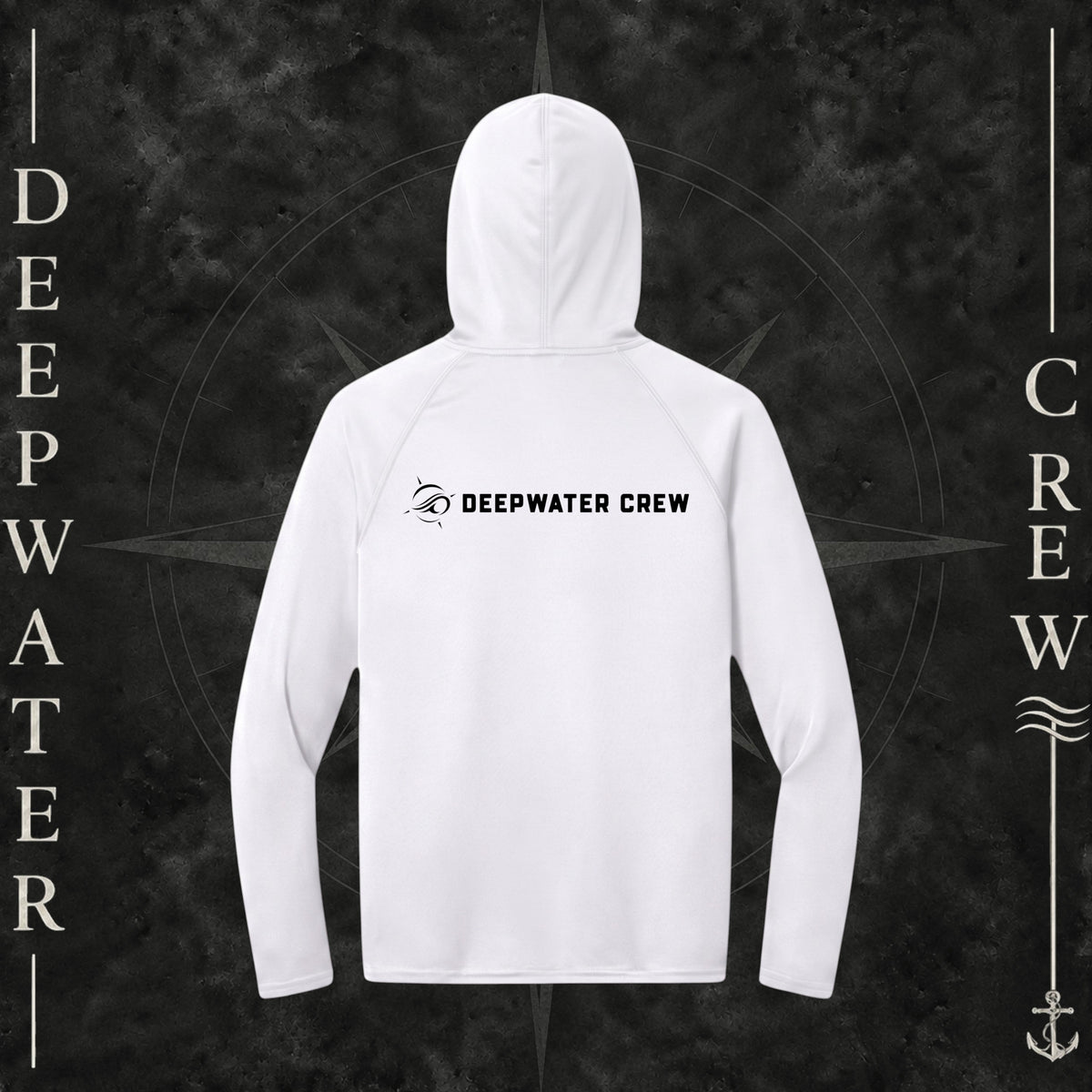Deepwater Crew Co. White - DC - UPF 44+ light-weigh, moisture-wicking  performance hoodie. Back view of hoodie with a nautical compass logo graphic with Deepwater Crew lettering beside it.