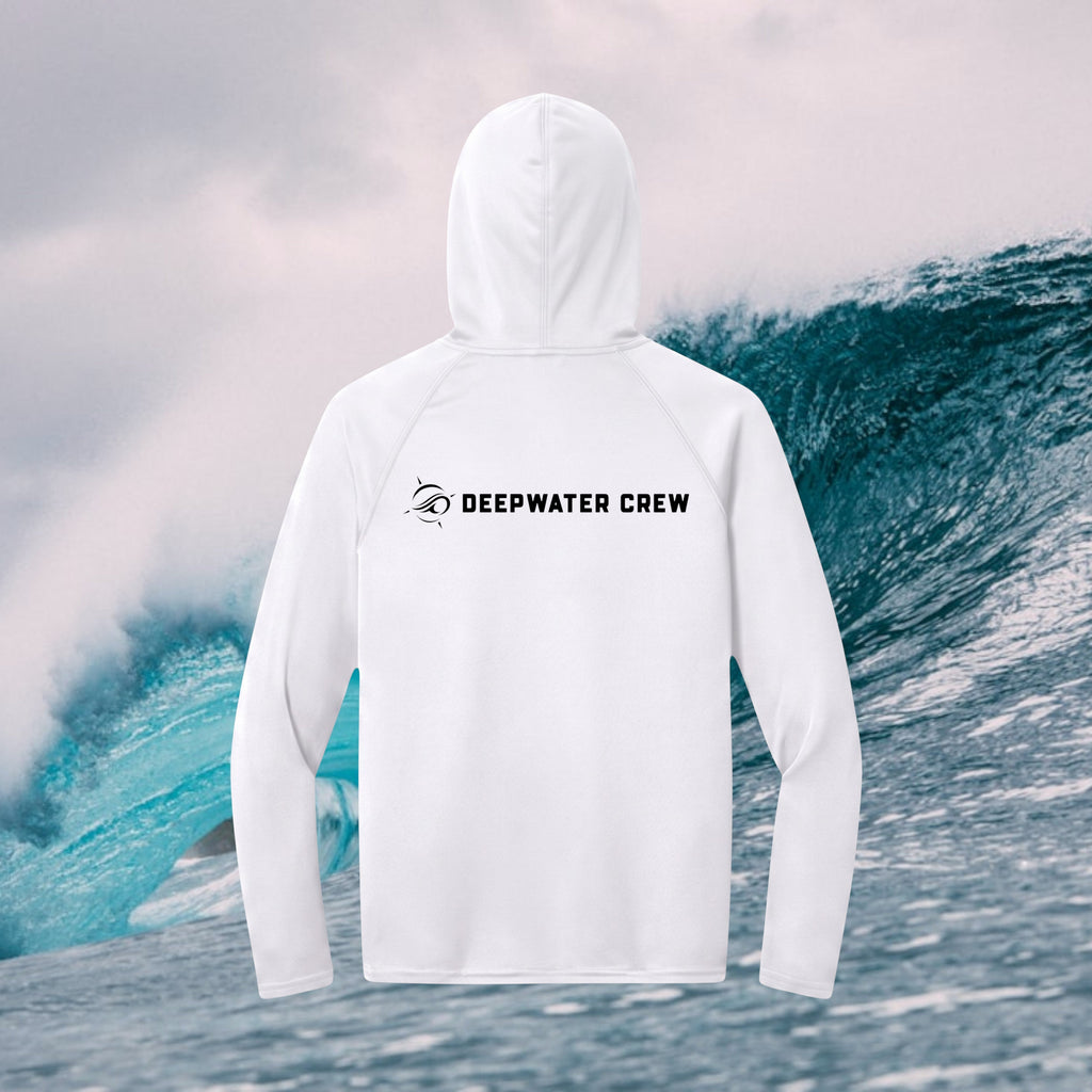 Deepwater Crew Co. White - DC - UPF 44+ light-weigh, moisture-wicking  performance hoodie. Back view of hoodie with a nautical compass logo graphic with Deepwater Crew lettering beside it.