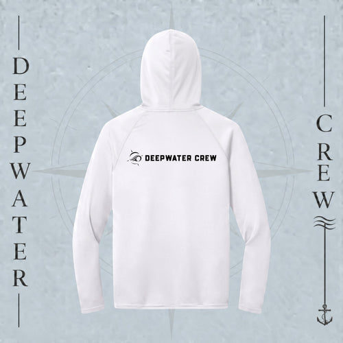 Deepwater Crew Co. White - DC - UPF 44+ light-weigh, moisture-wicking  performance hoodie. Back view of hoodie with a nautical compass logo graphic with Deepwater Crew lettering beside it.