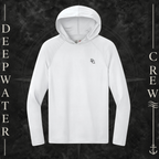 Deepwater Crew Co. White - DC - UPF 44+ lightweight performance hoodie. Front view of hoodie with a  deepwater crew DC logo graphic on the left chest.