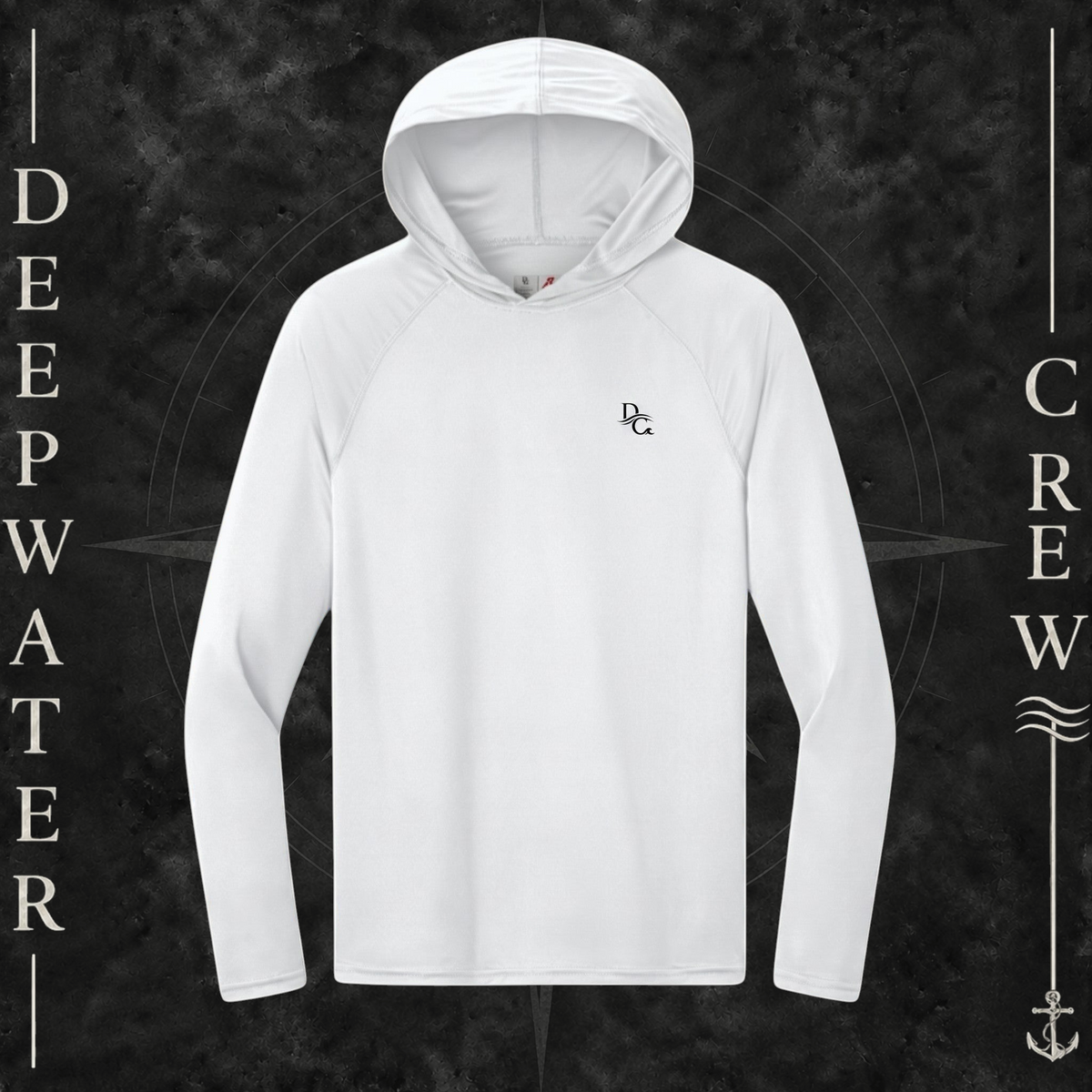 Deepwater Crew Co. White - DC - UPF 44+ lightweight performance hoodie. Front view of hoodie with a  deepwater crew DC logo graphic on the left chest.