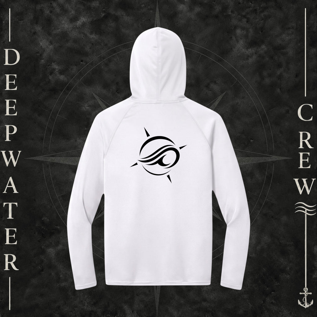 Deepwater Crew Co. White Horizon UPF 44+ light-weigh, moisture-wicking  performance hoodie. Back view of hoodie with a  nautical compass graphic around the Deepwater Crew core logo.