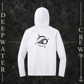 Deepwater Crew Co. White Horizon UPF 44+ light-weigh, moisture-wicking  performance hoodie. Back view of hoodie with a  nautical compass graphic around the Deepwater Crew core logo.