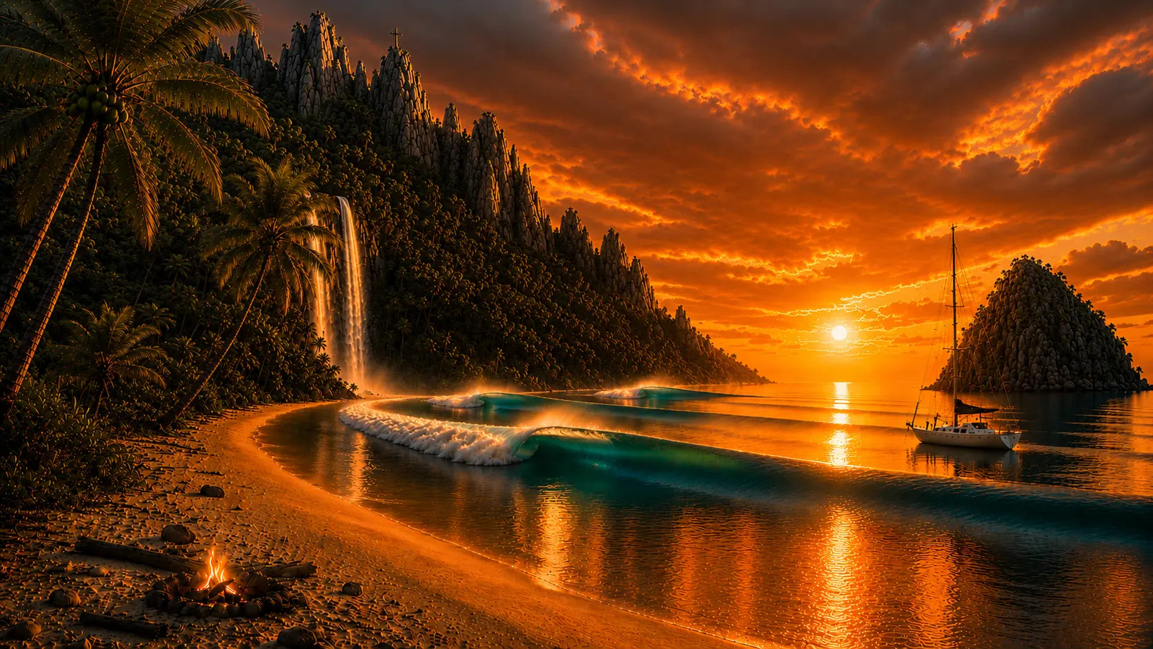 Sailboat anchored beneath a cross atop the rugged tropical island peaks at sunset, with rolling waves, palm trees, a waterfall, and a beachside campfire.