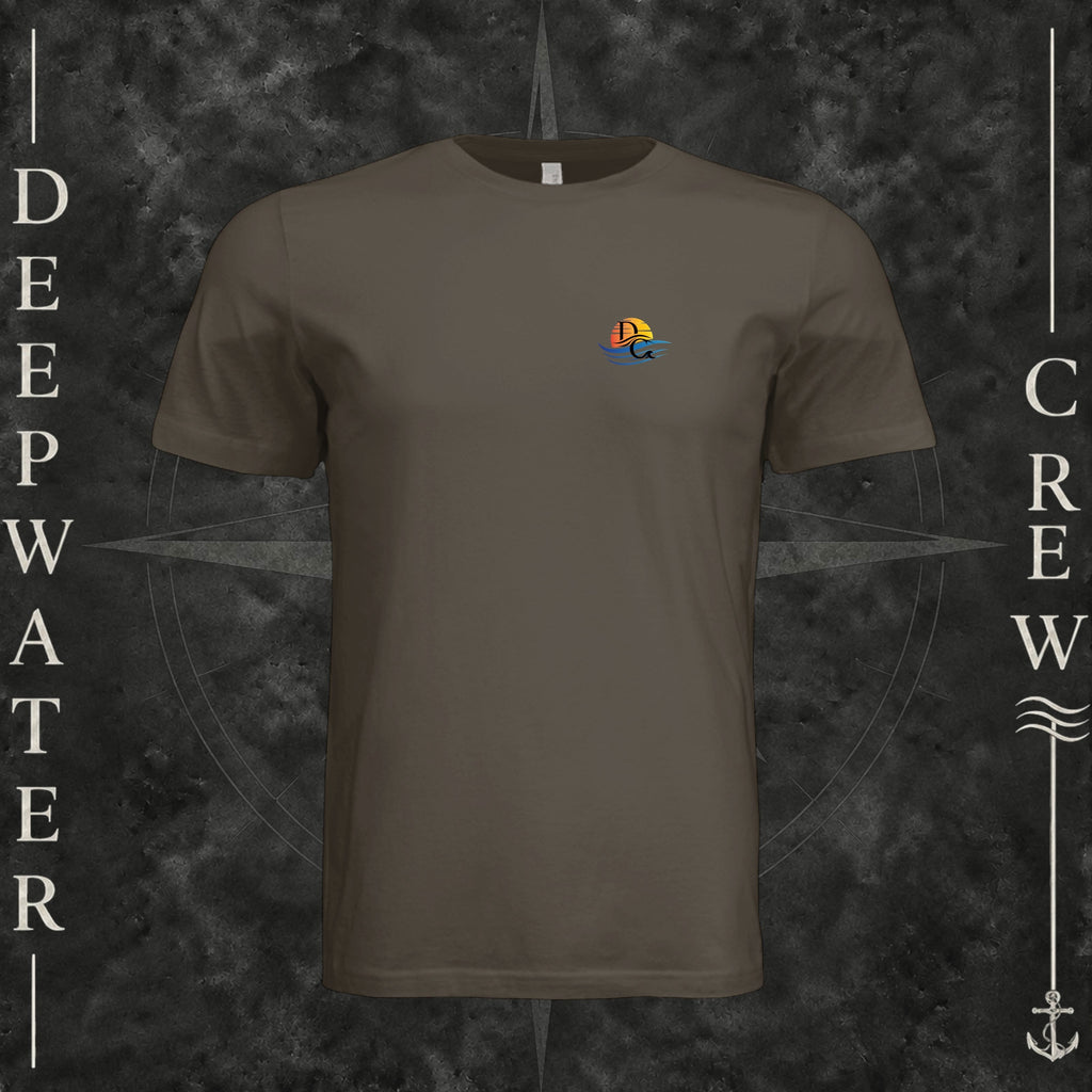 Army Deepwater Crew Co. Be Salty, Stay Lit crewneck T-shirt, front view with small cross, sunset, and blue-wave crest.