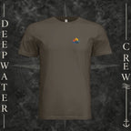 Army Deepwater Crew Co. Be Salty, Stay Lit crewneck T-shirt, front view with small cross, sunset, and blue-wave crest.