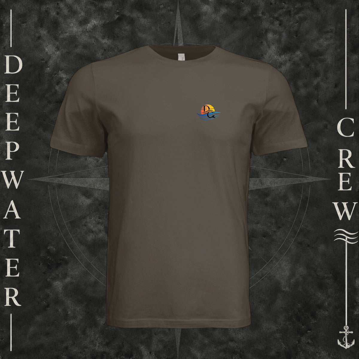 Army Deepwater Crew Co. Be Salty, Stay Lit crewneck T-shirt, front view with small cross, sunset, and blue-wave crest.