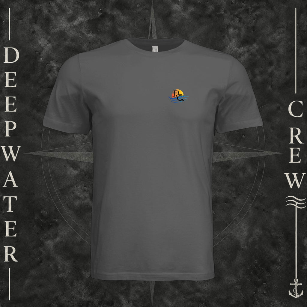 Asphalt Deepwater Crew Co. Be Salty, Stay Lit crewneck T-shirt, front view with small cross, sunset, and blue-wave crest.