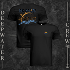 Black Deepwater Crew Co. Be Salty, Stay Lit crewneck T-shirt showing front and back views with cross-and-wave chest crest and Matthew 5:13–14 anchor-and-wave back graphic.