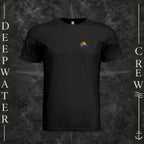Black Deepwater Crew Co. Be Salty, Stay Lit crewneck T-shirt, front view with small cross, sunset, and blue-wave crest.
