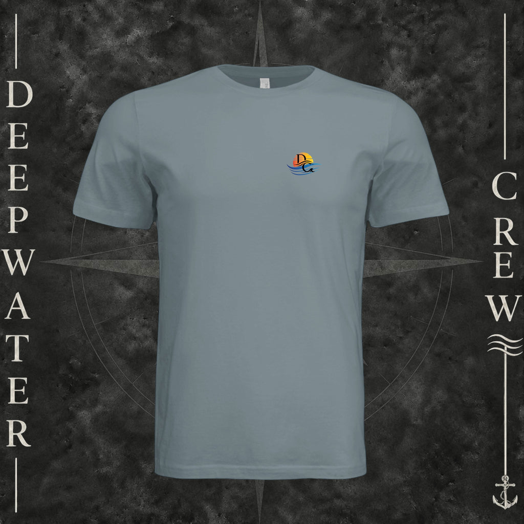 Blue Storm Deepwater Crew Co. Be Salty, Stay Lit crewneck T-shirt, front view with small cross, sunset, and blue-wave crest.