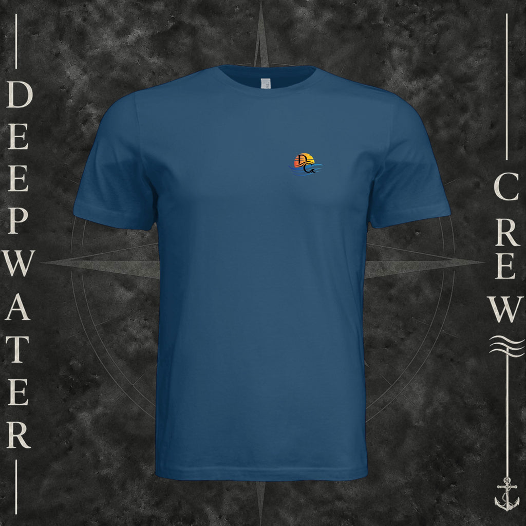 Cool Blue Deepwater Crew Co. Be Salty, Stay Lit crewneck T-shirt, front view with small cross, sunset, and blue-wave crest.