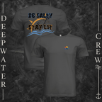 Dark Grey Deepwater Crew Co. Be Salty, Stay Lit crewneck T-shirt showing front and back views with cross-and-wave chest crest and Matthew 5:13–14 anchor-and-wave back graphic.