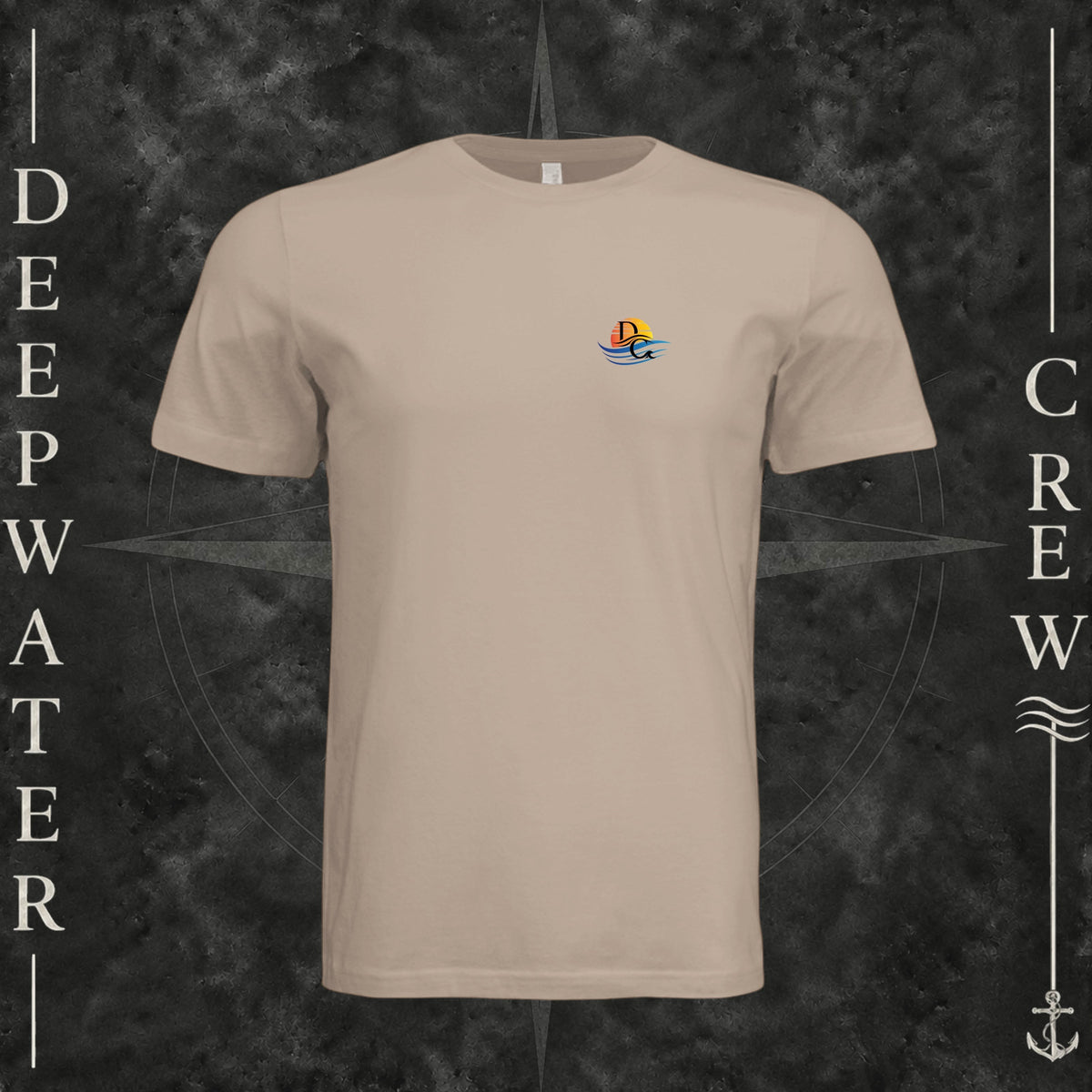 Dust Deepwater Crew Co. Be Salty, Stay Lit crewneck T-shirt, front view with small cross, sunset, and blue-wave crest.