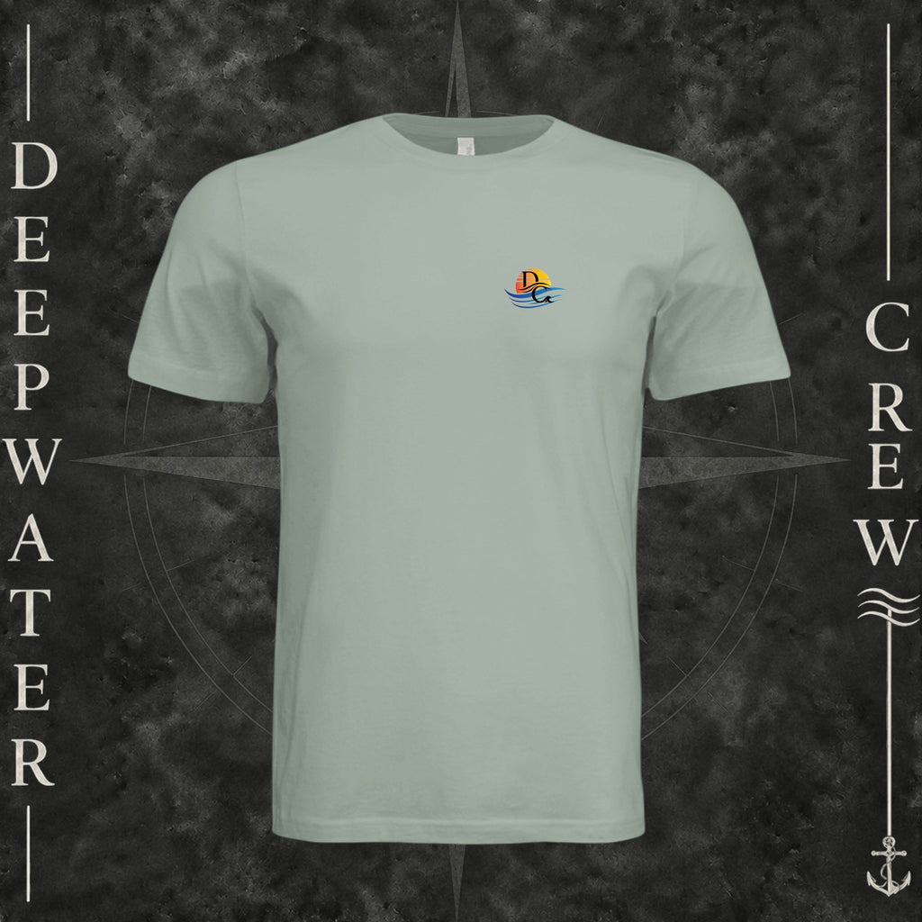 Dusty Blue Deepwater Crew Co. Be Salty, Stay Lit crewneck T-shirt, front view with small cross, sunset, and blue-wave crest.