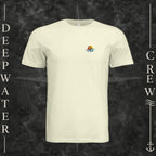 Natural Deepwater Crew Co. Be Salty, Stay Lit crewneck T-shirt, front view with small cross, sunset, and blue-wave crest.