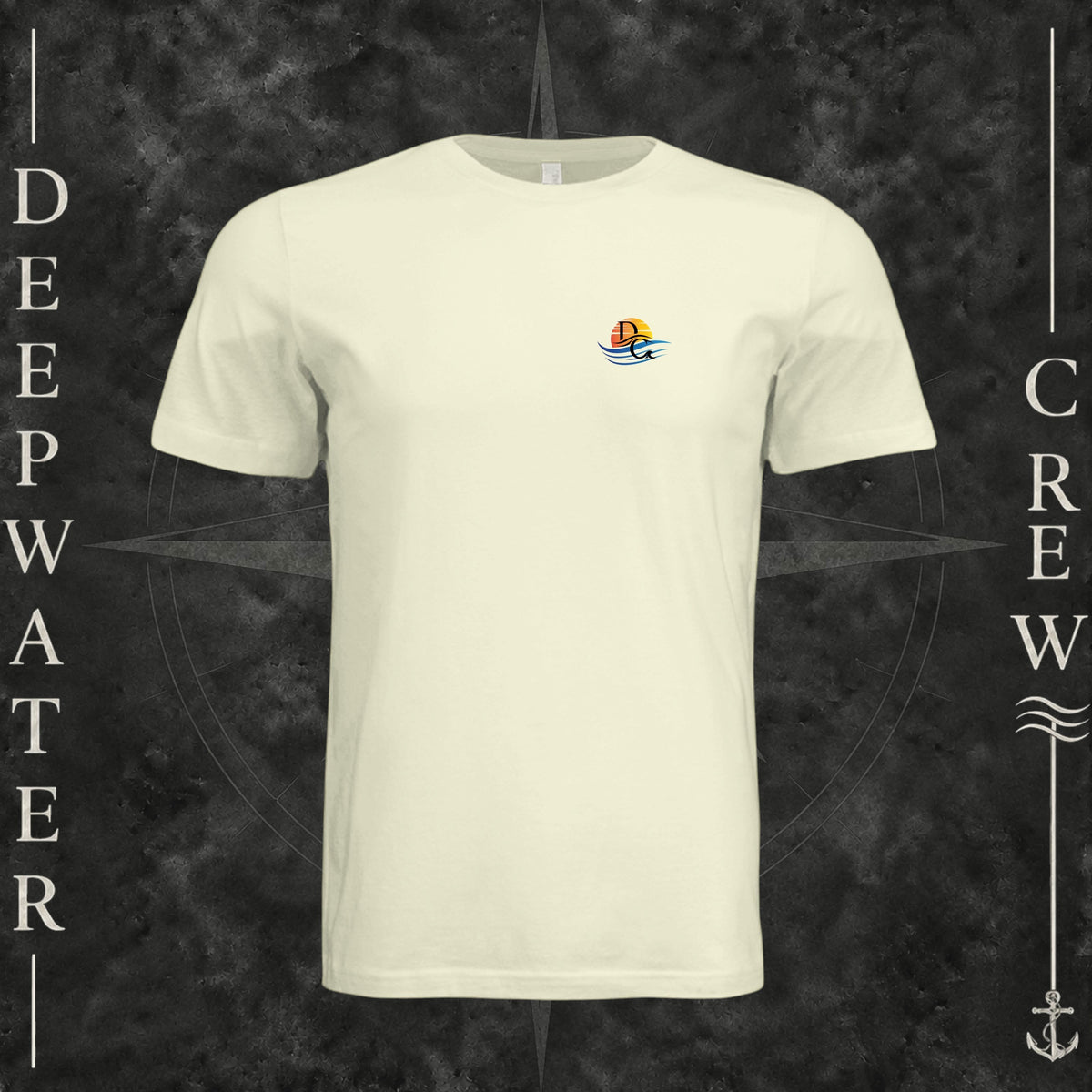 Natural Deepwater Crew Co. Be Salty, Stay Lit crewneck T-shirt, front view with small cross, sunset, and blue-wave crest.
