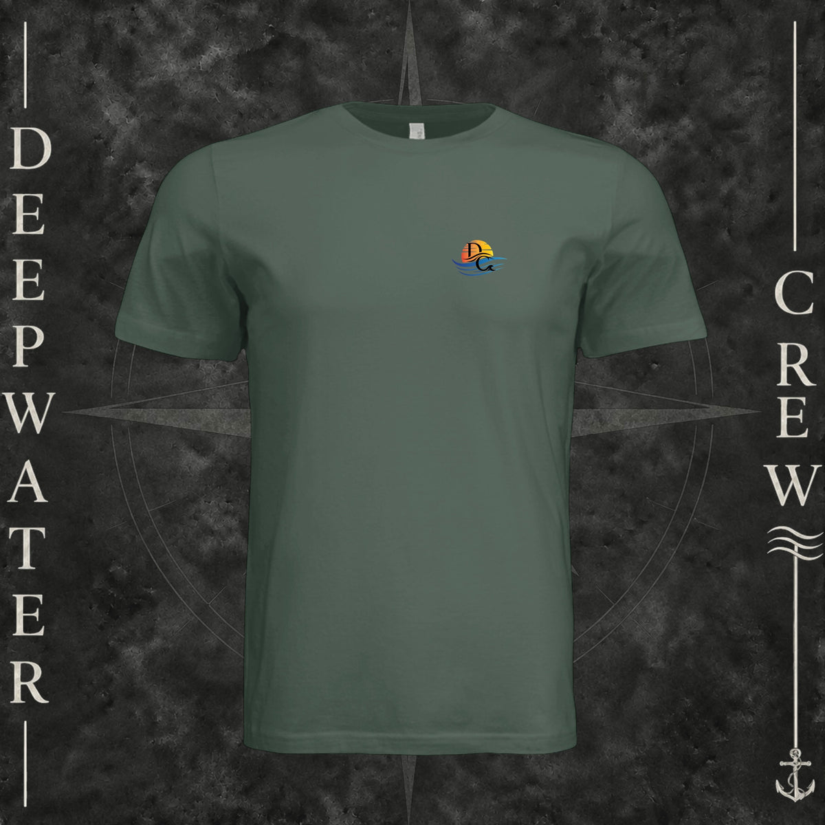 Pine Deepwater Crew Co. Be Salty, Stay Lit crewneck T-shirt, front view with small cross, sunset, and blue-wave crest.