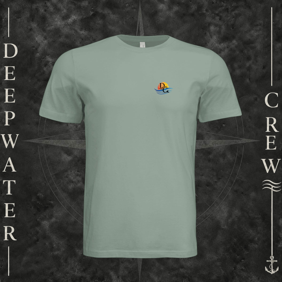 Sage Deepwater Crew Co. Be Salty, Stay Lit crewneck T-shirt, front view with small cross, sunset, and blue-wave crest.