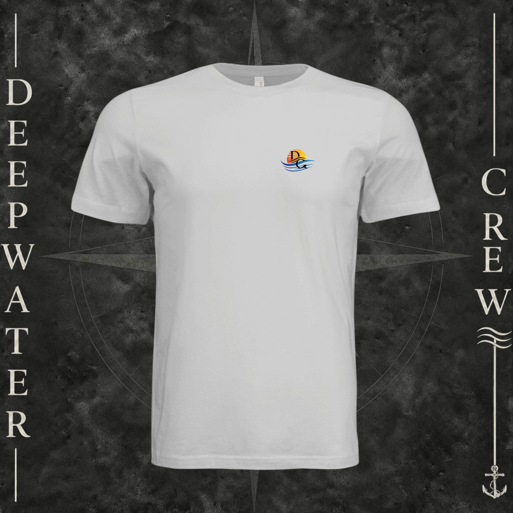 Silver Deepwater Crew Co. Be Salty, Stay Lit crewneck T-shirt, front view with small cross, sunset, and blue-wave crest.