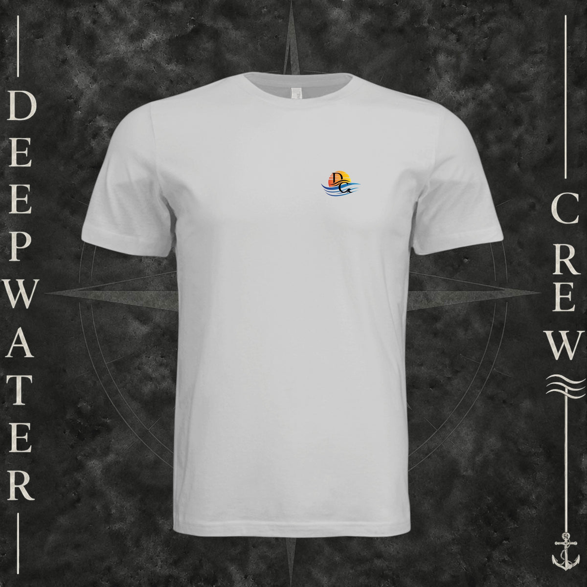 Silver Deepwater Crew Co. Be Salty, Stay Lit crewneck T-shirt, front view with small cross, sunset, and blue-wave crest.