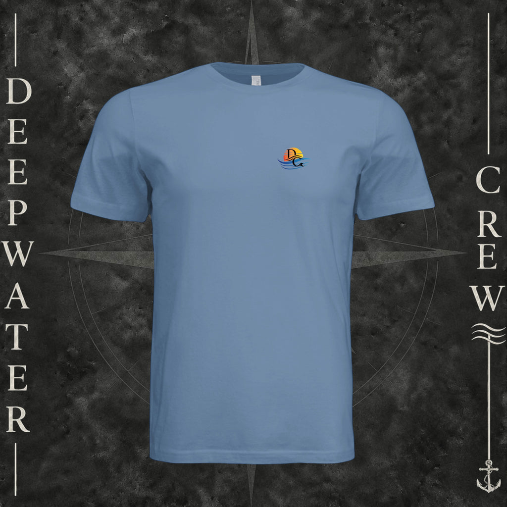 Slate Deepwater Crew Co. Be Salty, Stay Lit crewneck T-shirt, front view with small cross, sunset, and blue-wave crest.