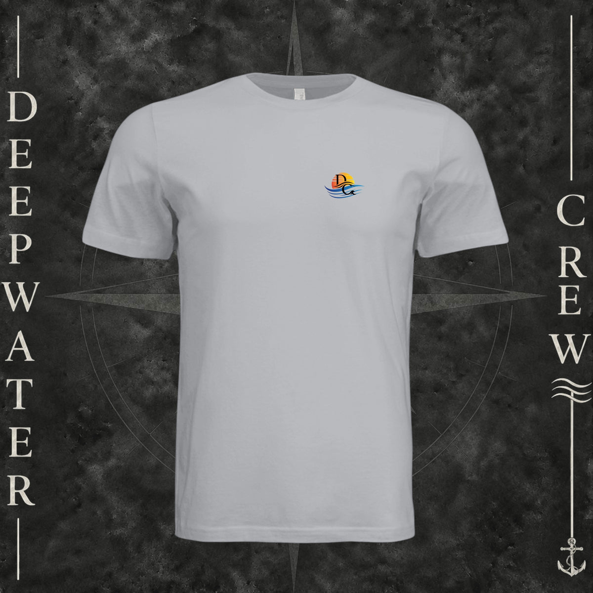Solid Athletic Grey Deepwater Crew Co. Be Salty, Stay Lit crewneck T-shirt, front view with small cross, sunset, and blue-wave crest.