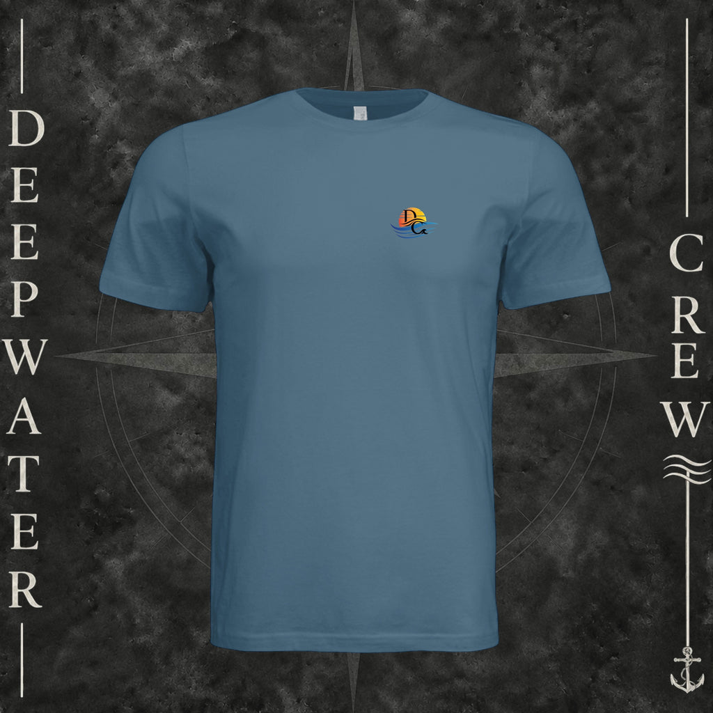 Steel Blue Deepwater Crew Co. Be Salty, Stay Lit crewneck T-shirt, front view with small cross, sunset, and blue-wave crest.