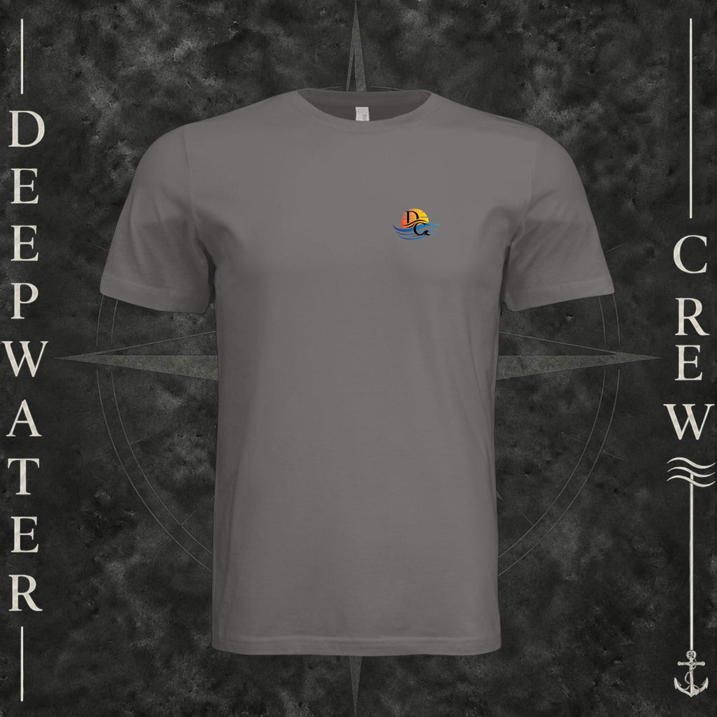 Storm Deepwater Crew Co. Be Salty, Stay Lit crewneck T-shirt, front view with small cross, sunset, and blue-wave crest.