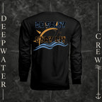 Black Deepwater Crew Co. Be Salty, Stay Lit UPF 44+ long-sleeve performance shirt, back view with distressed Be Salty, Stay Lit lettering, anchor, sun, blue waves, subtle cross, and Matthew 5:13–14.