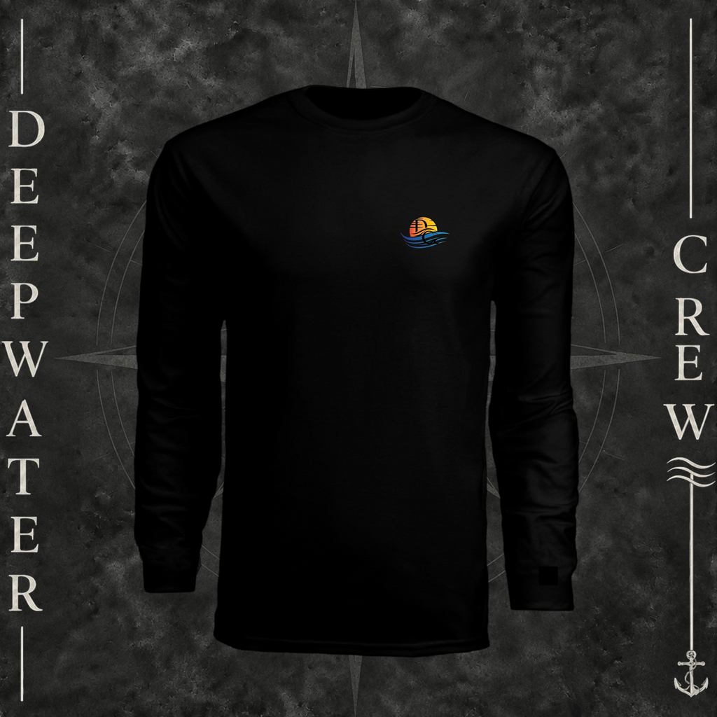 Black Deepwater Crew Co. Be Salty, Stay Lit UPF 44+ long-sleeve performance shirt, front view with small cross, sunset, and blue-wave crest with DC logo.